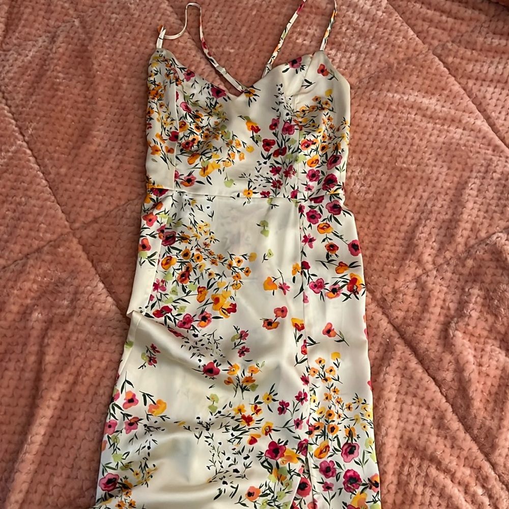 Flower spaghetti strap, cross back, slip dress with open front side slit
